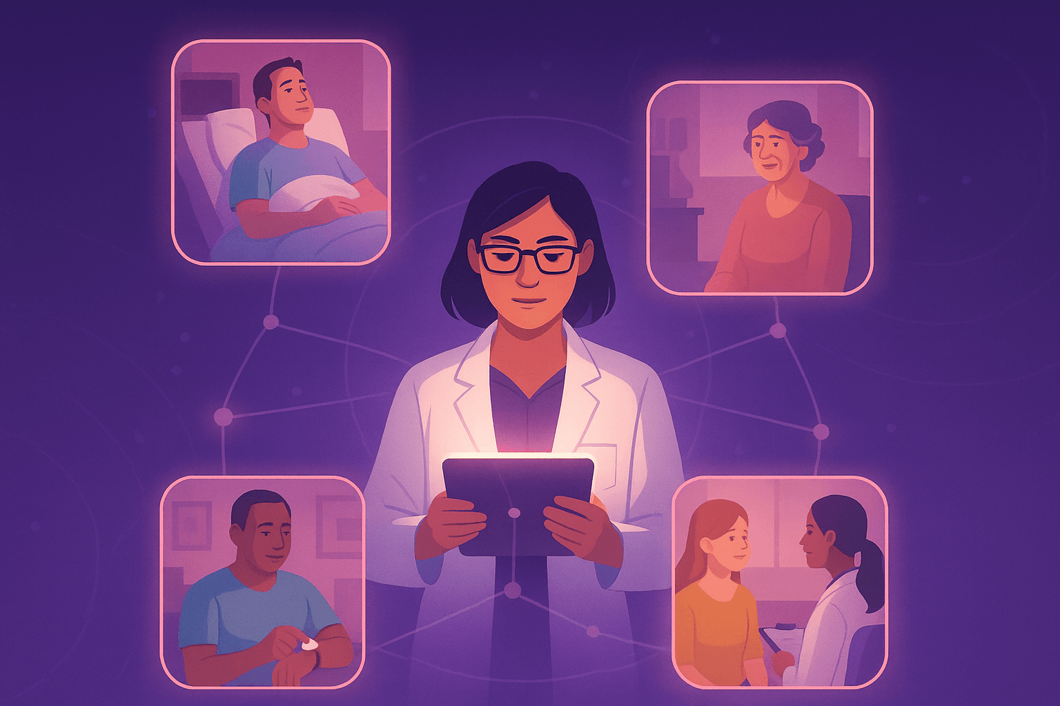 Clinical research associate reviewing patient files alongside medical devices