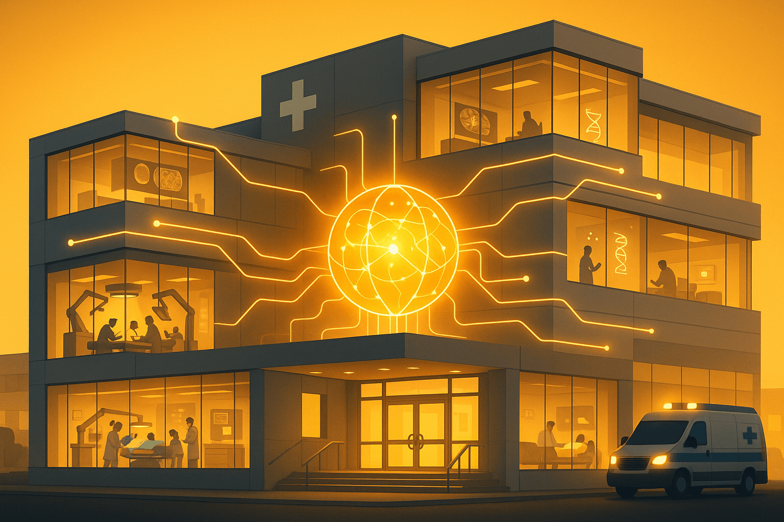 Clinician reviewing AI-powered insights on a holographic medical interface