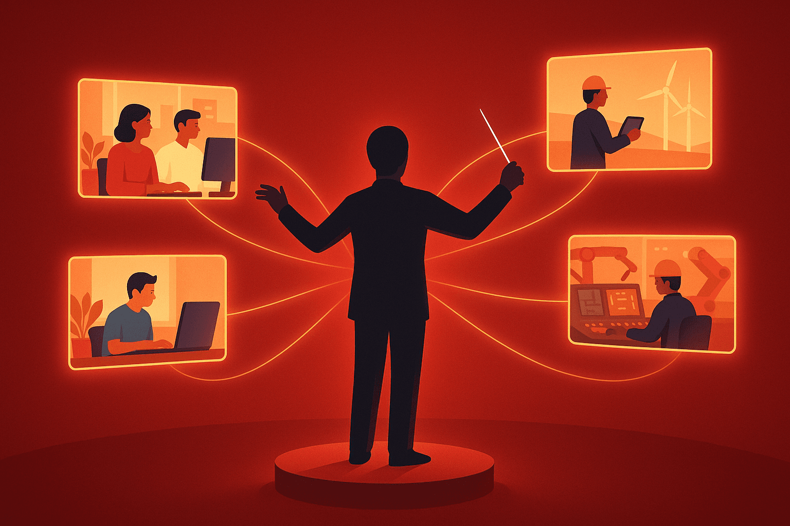 Manager coordinating remote team via digital workspace dashboard